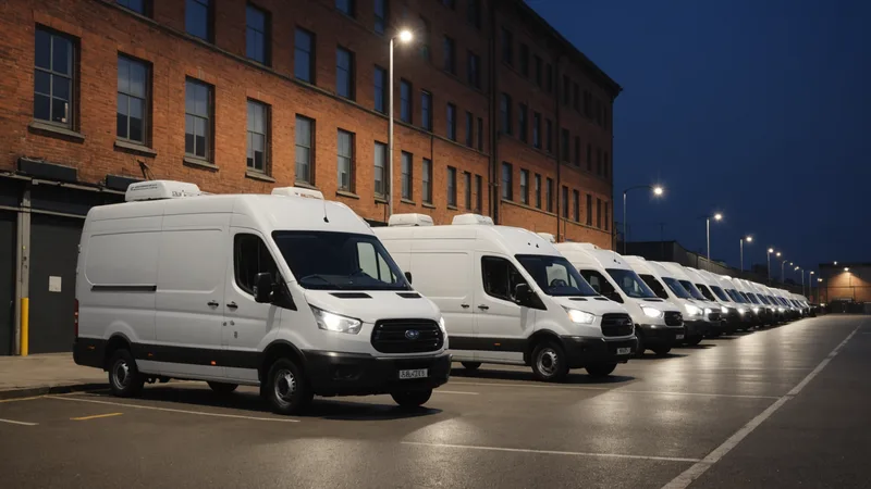 Electric fleet vans at a depot charging station at night, green charging indicator lights