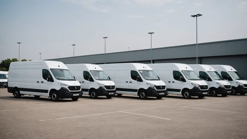 Mixed fleet of electric and diesel delivery vans at a logistics facility