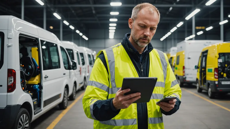 Fleet operations manager reviewing a tablet in an EV depot