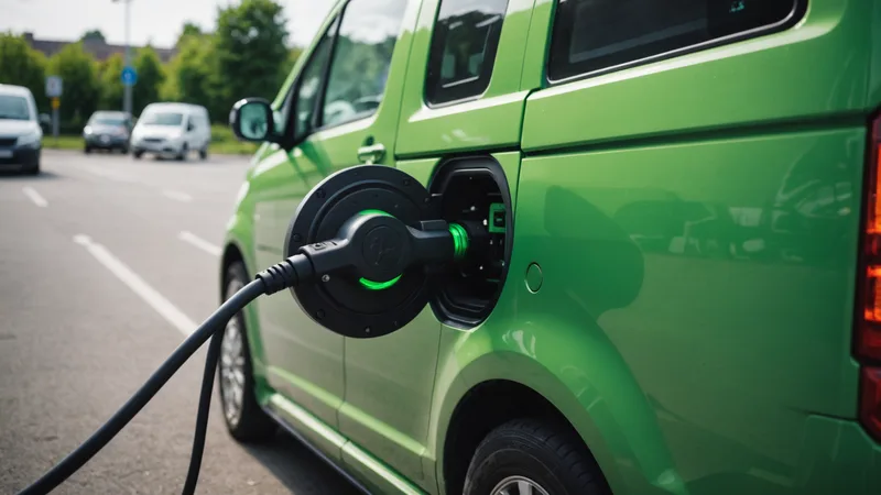 Close-up of an EV charging connector being plugged into an electric delivery van