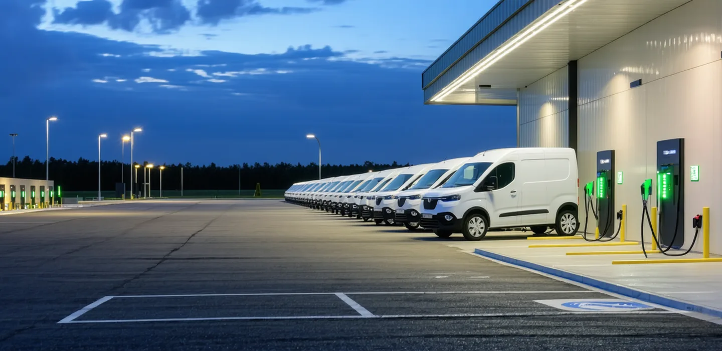 EV fleet depot at night with electric delivery vans charging at a row of charging stations
